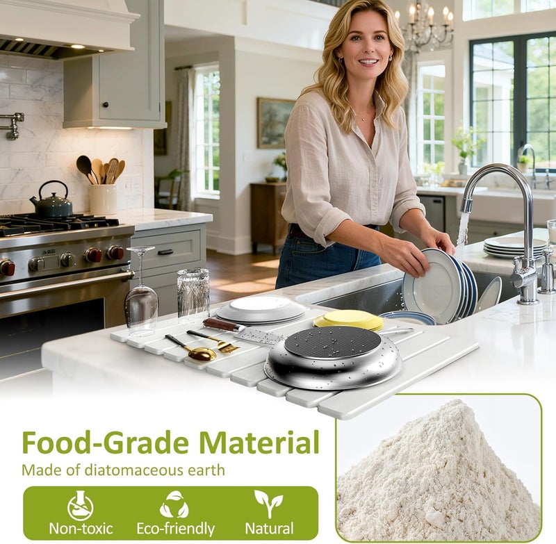 DK177 Large Stone Dish Drying Mat for Kitchen Counter, 24"(L)×16"(W), Collapsible Quick Dry Stone Dish Mats, Super Absorbent Diatomaceous Earth Drying Pad for Dishes Bottles Cups, Any Countertop (White) - Image 4